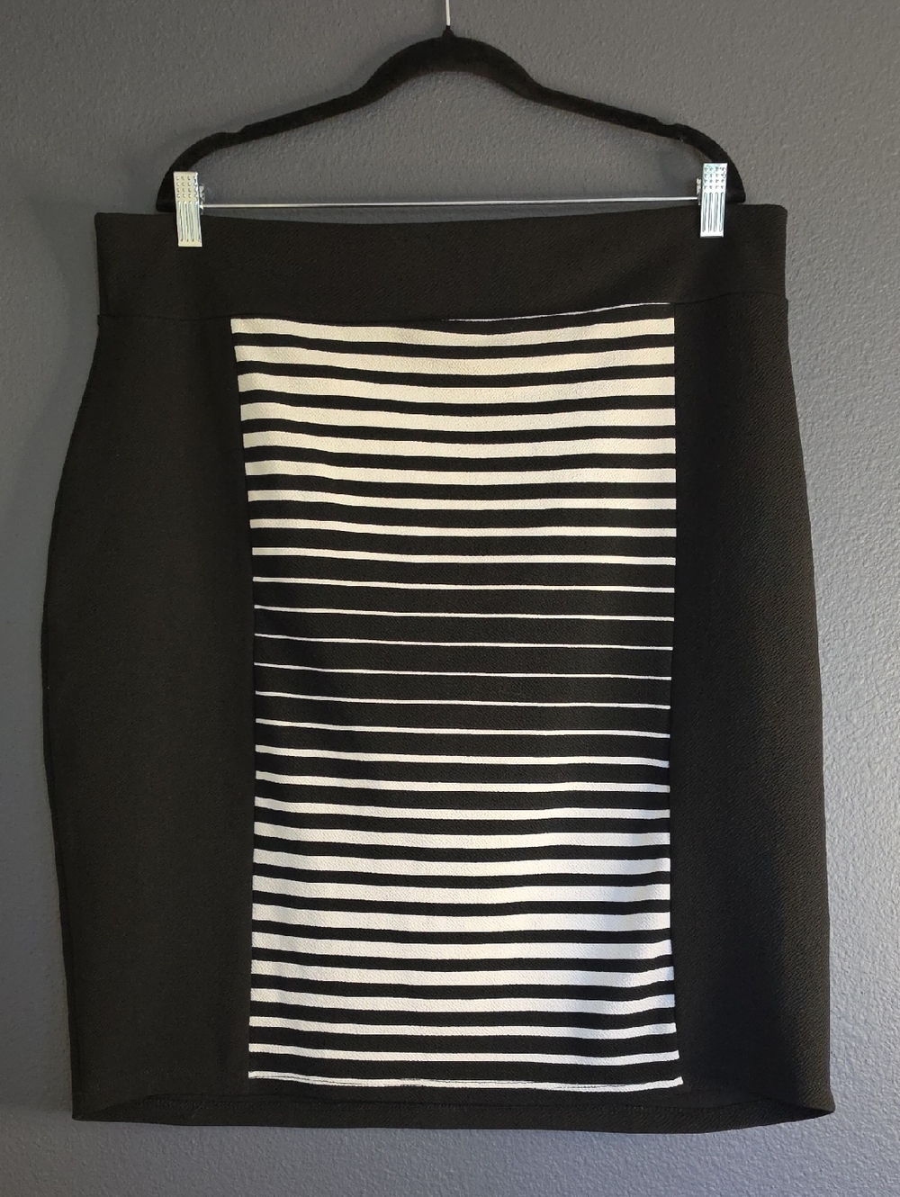 Ashley Stewart Black Pencil Skirt with Center Black-and-White Striped Panel
